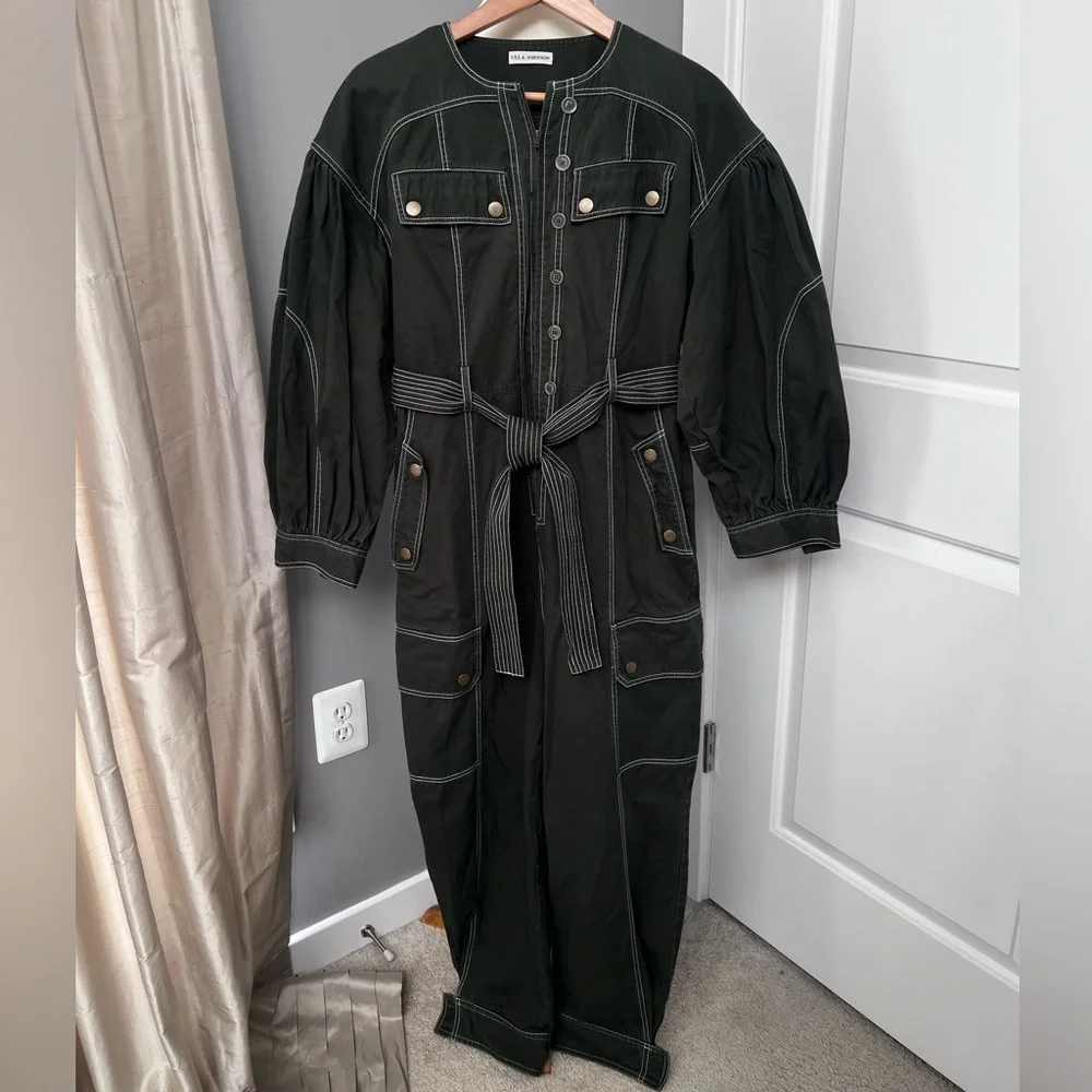Ulla Johnson Dark Green Utility Jumpsuit with Belted Waist - Picture 3 of 14